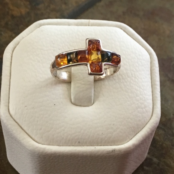 Baltic Amber Multicolor Cross Ring .925 Sterling Silver Genuine Gemstones - Picture 12 of 15